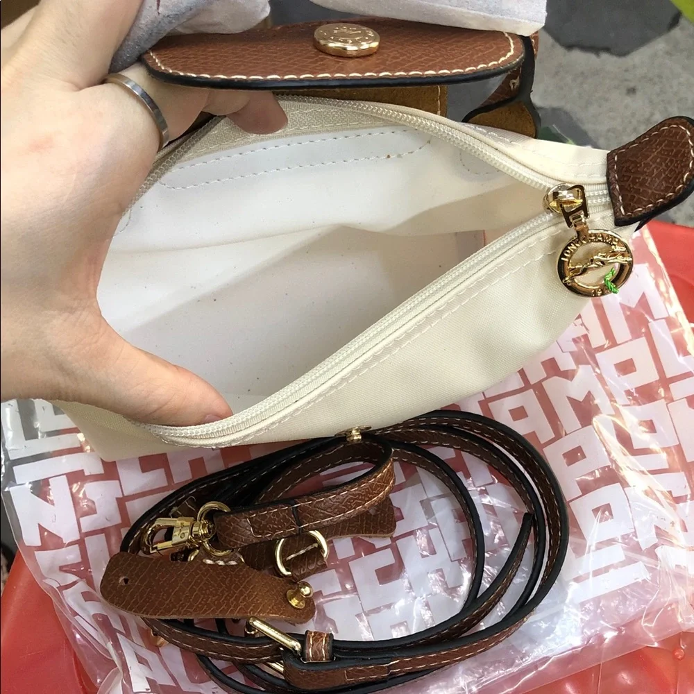 Longchamp Cream and Brown Small Top-Handle Cosmetic Pouch